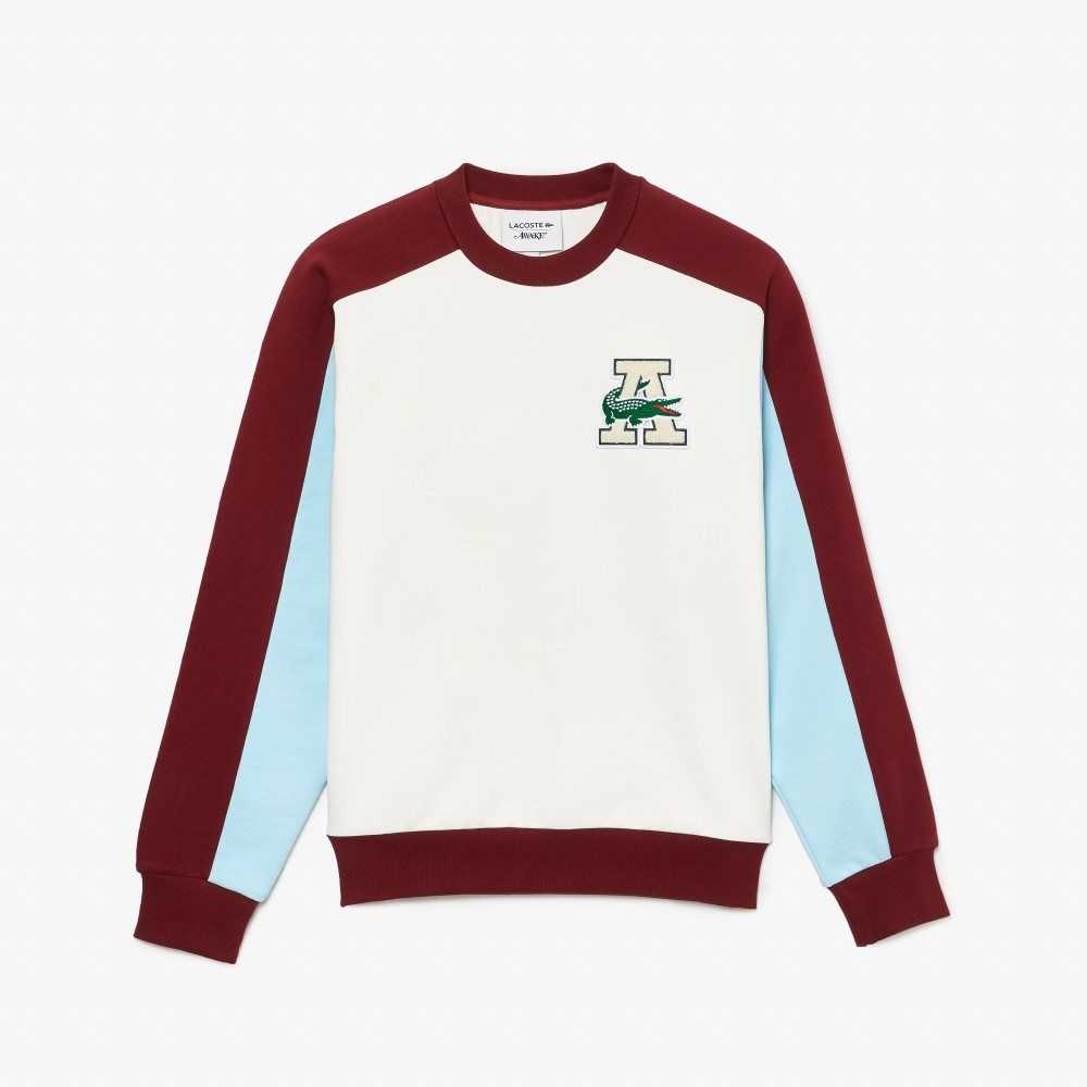 White / Bordeaux Lacoste x AWAKE NY Badge Color-block Cotton Sweatshirt | PUTASK-486