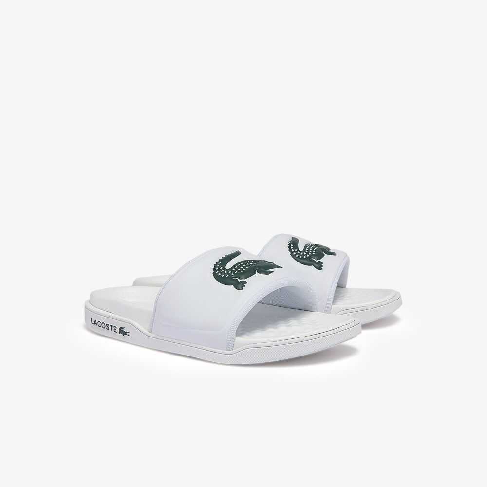 White/Dark Green Lacoste Croco Dualiste Logo Strap Slides | PEORJL-451