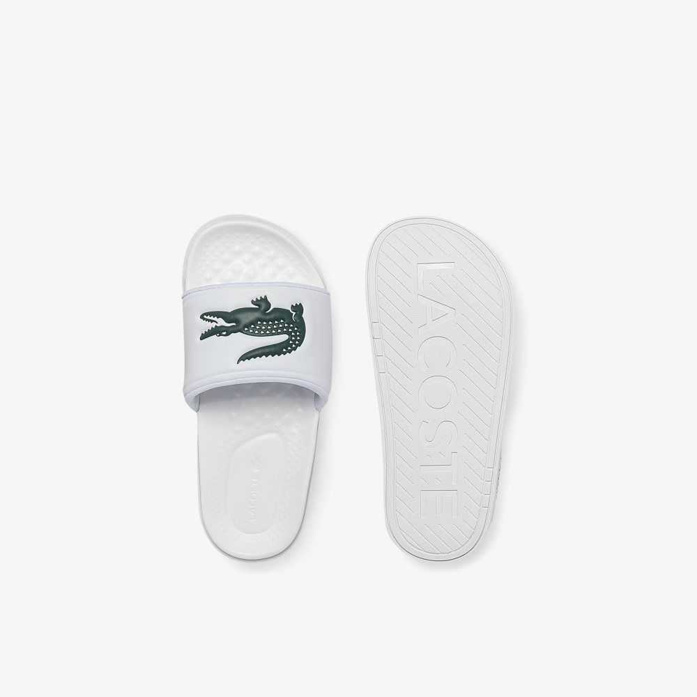 White/Dark Green Lacoste Croco Dualiste Logo Strap Slides | PEORJL-451