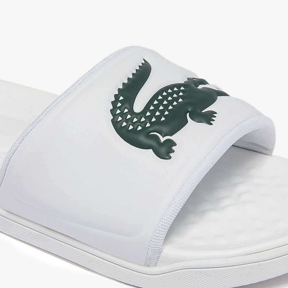 White/Dark Green Lacoste Croco Dualiste Logo Strap Slides | PEORJL-451