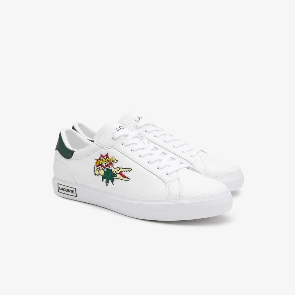 White/Dark Green Lacoste Powercourt Leather Sneakers | JTKDHM-296