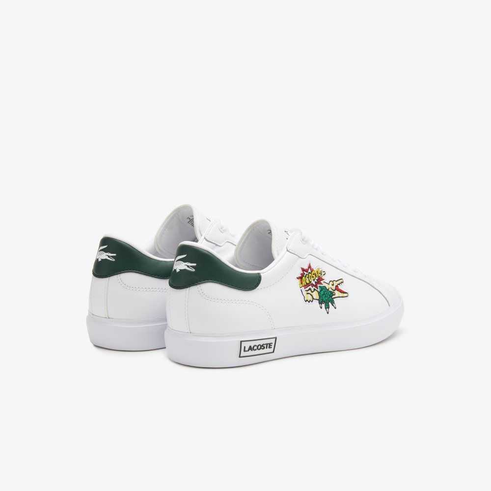 White/Dark Green Lacoste Powercourt Leather Sneakers | JTKDHM-296