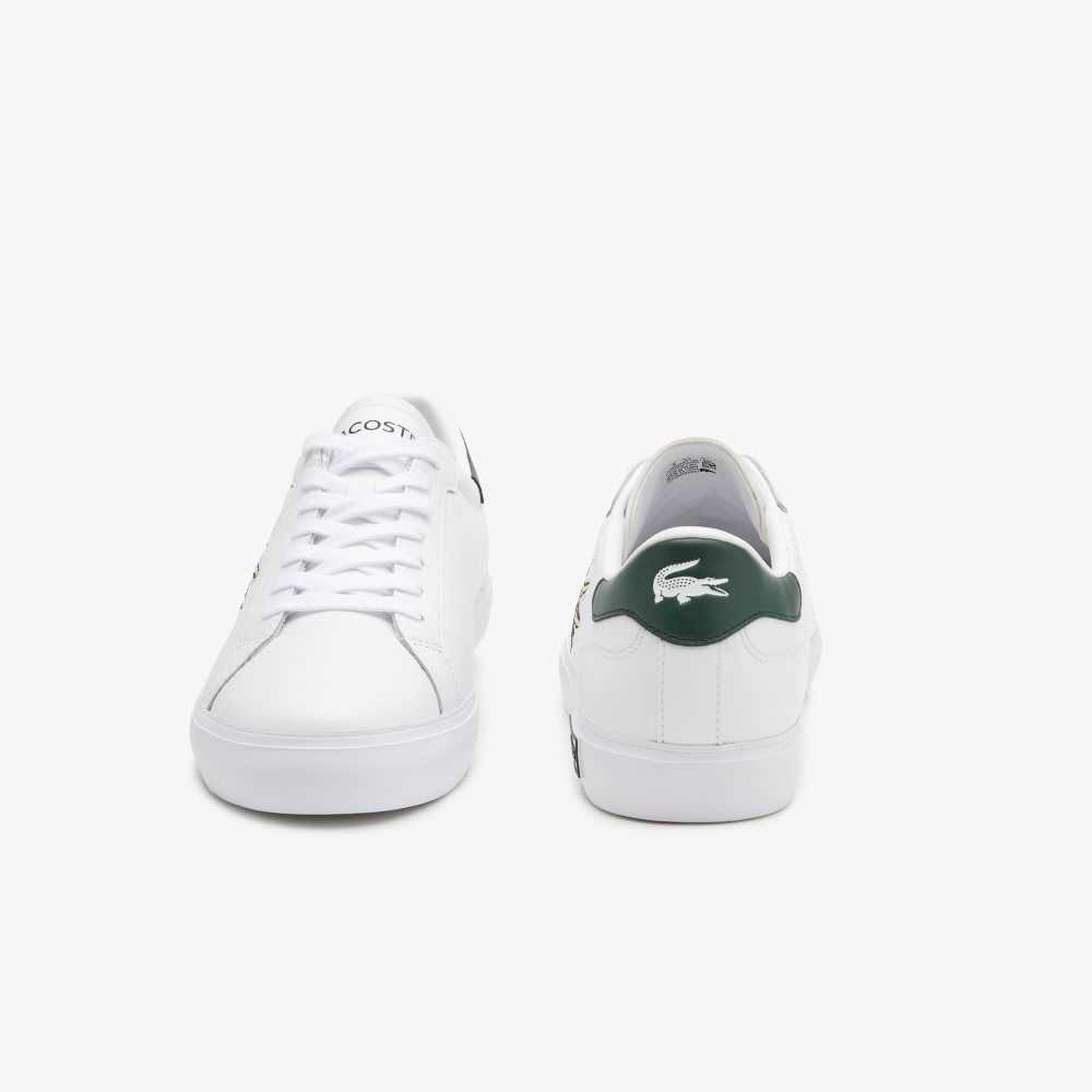 White/Dark Green Lacoste Powercourt Leather Sneakers | JTKDHM-296