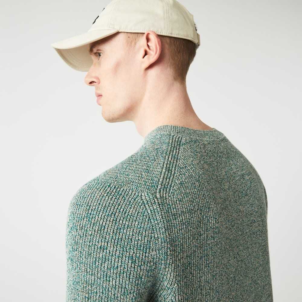 White / Green / Beige Lacoste Crew Neck Heathered Knit Sweater | LSUOEA-864