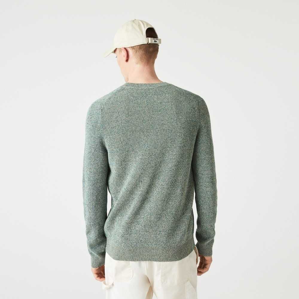 White / Green / Beige Lacoste Crew Neck Heathered Knit Sweater | LSUOEA-864