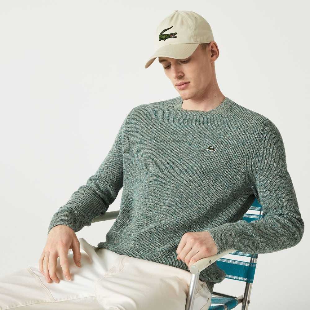 White / Green / Beige Lacoste Crew Neck Heathered Knit Sweater | LSUOEA-864