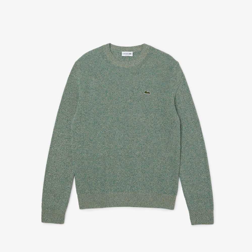 White / Green / Beige Lacoste Crew Neck Heathered Knit Sweater | LSUOEA-864