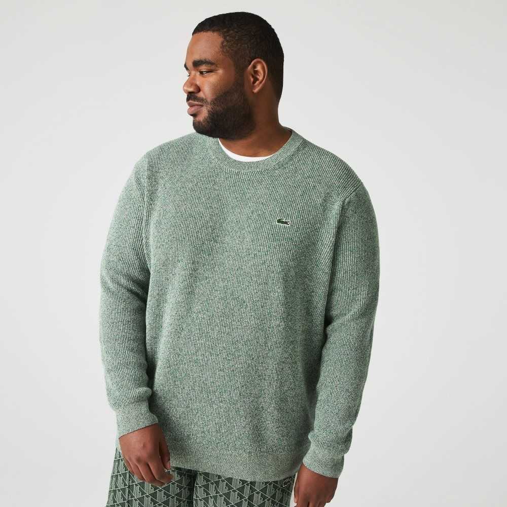 White / Green / Beige Lacoste Crew Neck Heathered Knit Sweater | LSUOEA-864