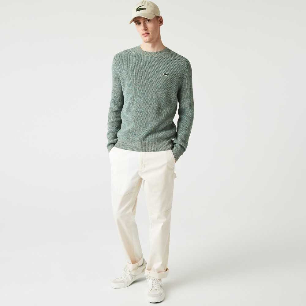 White / Green / Beige Lacoste Crew Neck Heathered Knit Sweater | LSUOEA-864