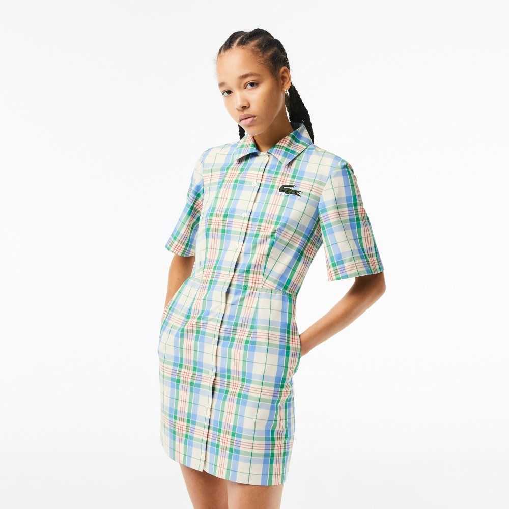 White / Green / Blue / Orange / White Lacoste Cotton Blend Checkerboard Dress | TKLNDW-917