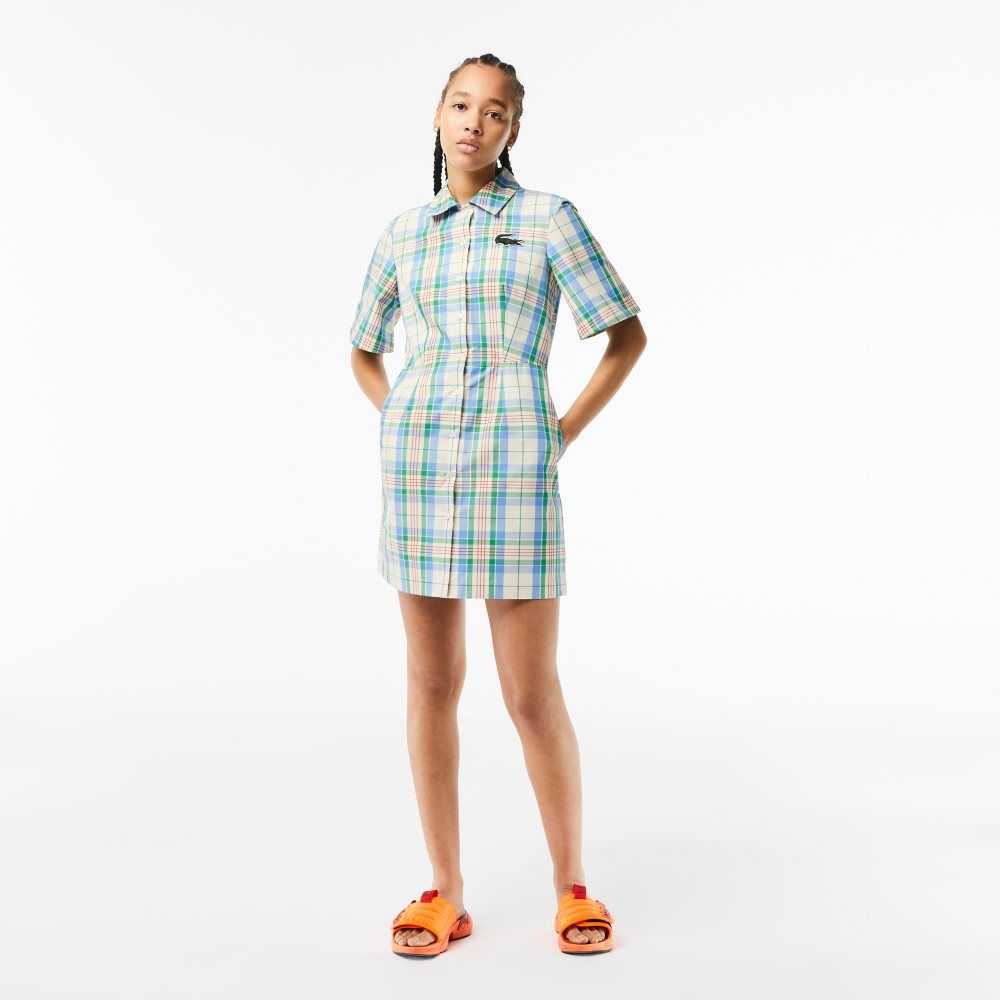 White / Green / Blue / Orange / White Lacoste Cotton Blend Checkerboard Dress | TKLNDW-917