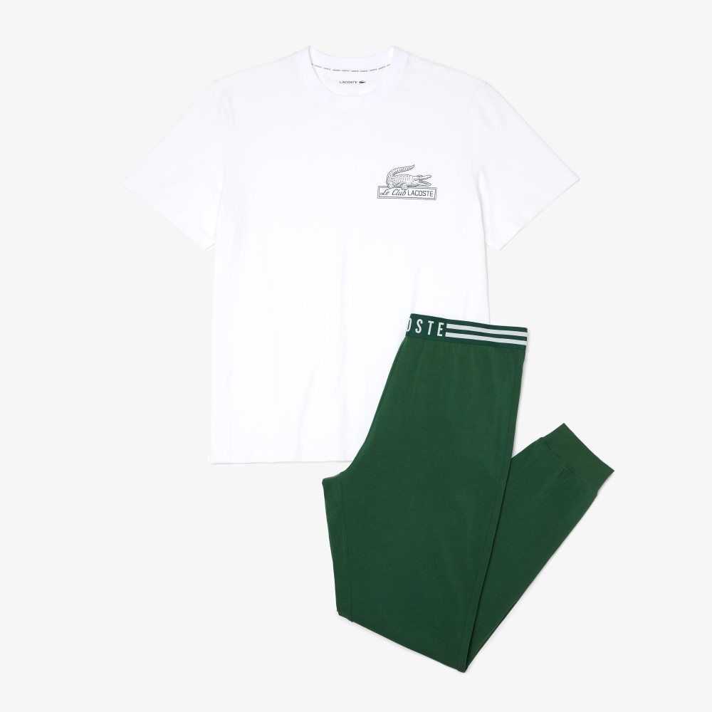 White / Green Lacoste Cotton Jersey Pajama Set | GRJPWF-314