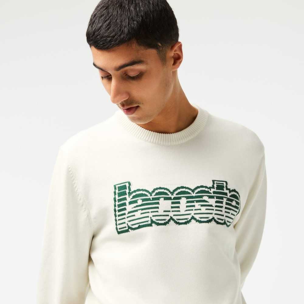 White / Green Lacoste Crew Neck Jersey Sweater | GVJBRT-839