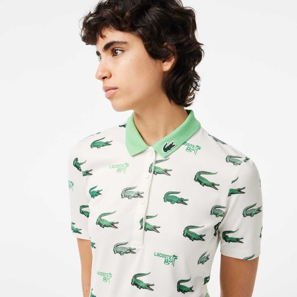 White / Green Lacoste Golf Crocodile Print Polo | OULQZB-941