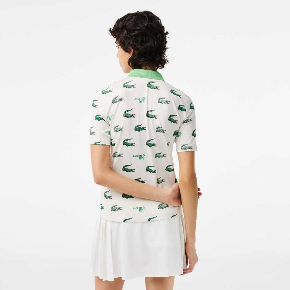 White / Green Lacoste Golf Crocodile Print Polo | OULQZB-941