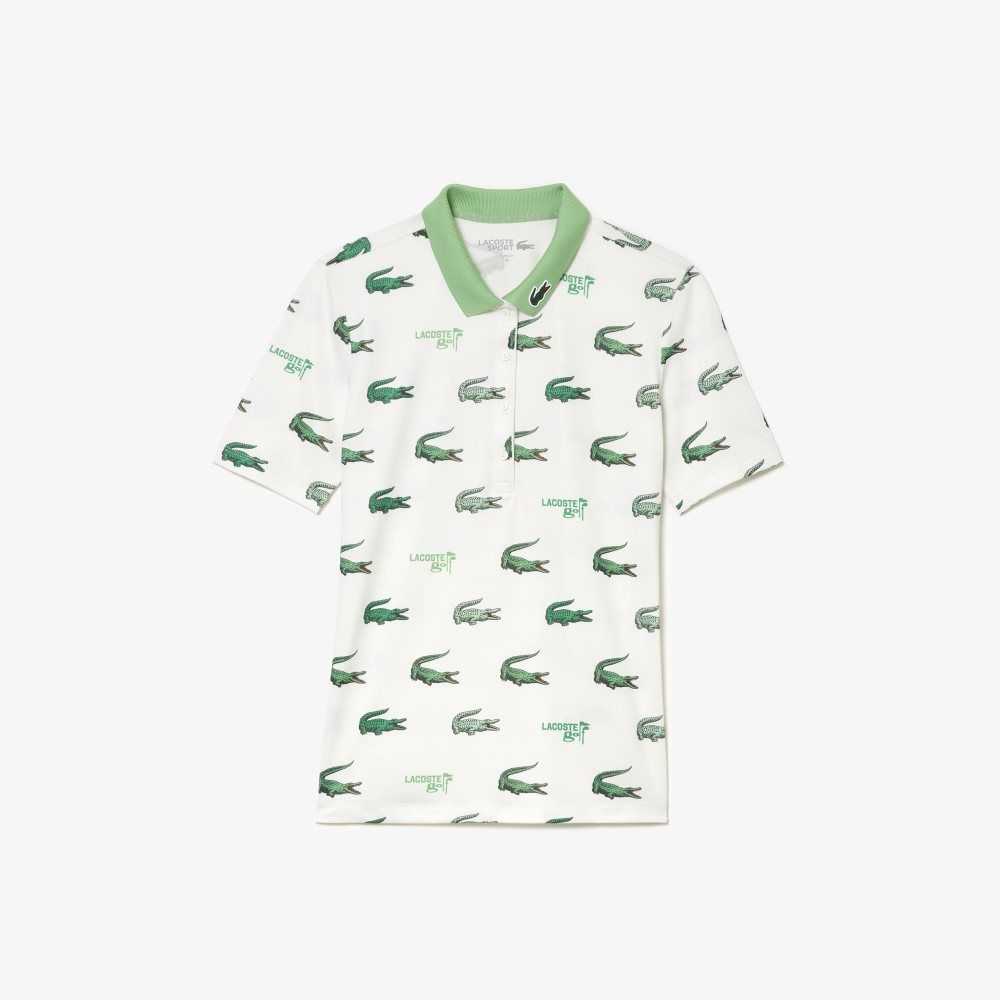 White / Green Lacoste Golf Crocodile Print Polo | OULQZB-941