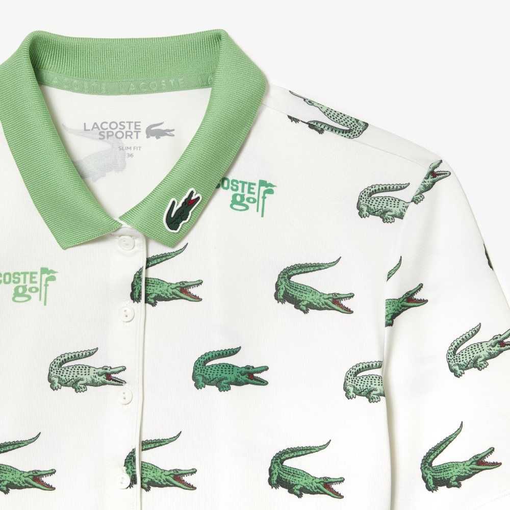 White / Green Lacoste Golf Crocodile Print Polo | OULQZB-941