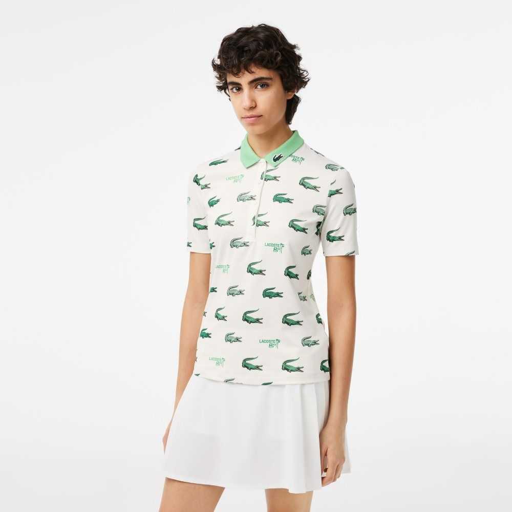 White / Green Lacoste Golf Crocodile Print Polo | OULQZB-941