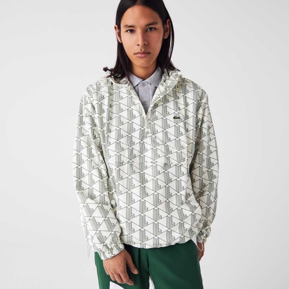 White / Green Lacoste LIVE Monogram Patterned Pullover Windbreaker | OLBIHD-456