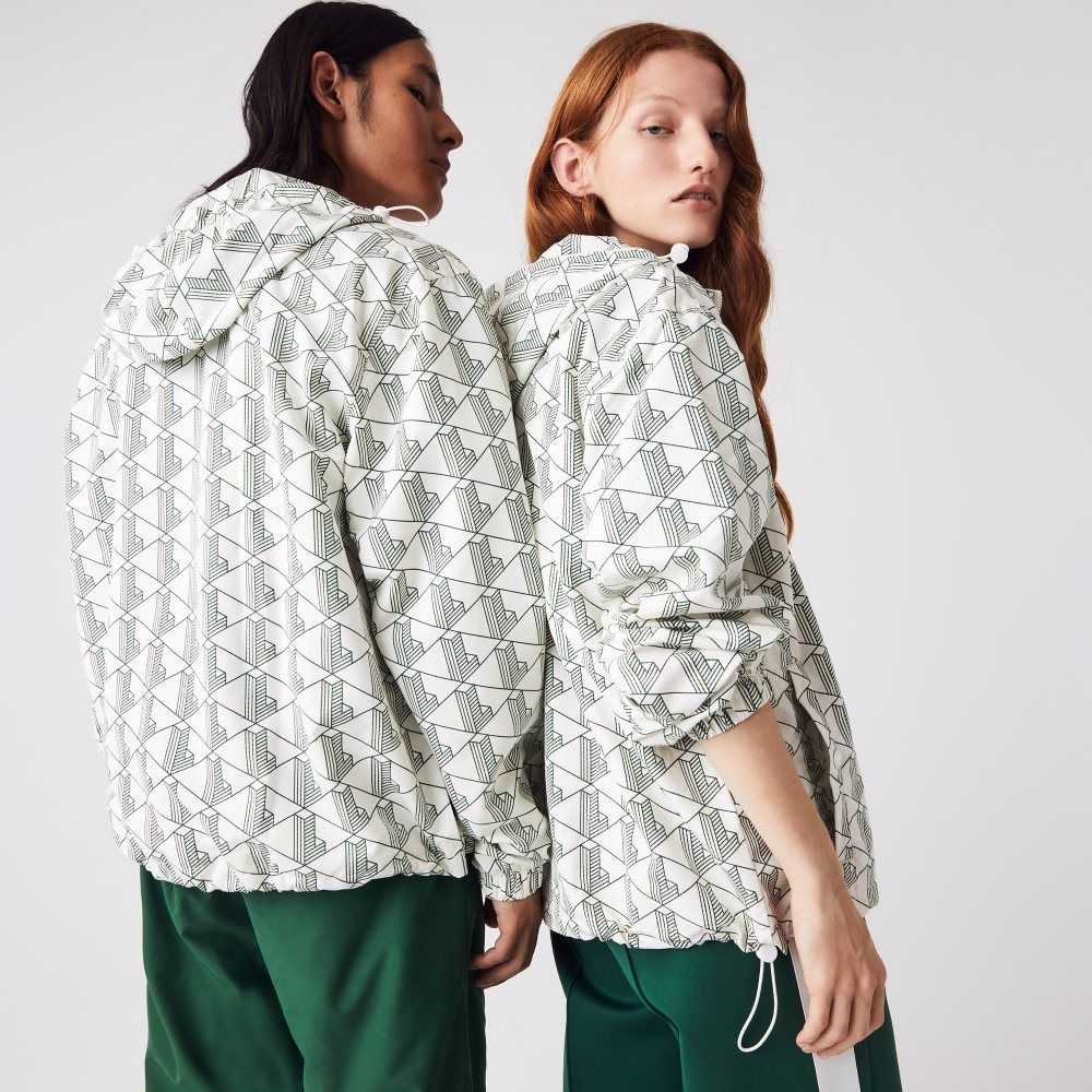 White / Green Lacoste LIVE Monogram Patterned Pullover Windbreaker | OLBIHD-456