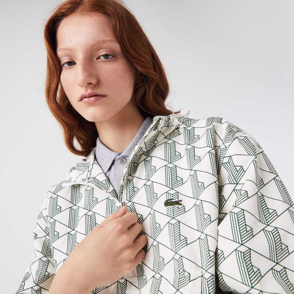 White / Green Lacoste LIVE Monogram Patterned Pullover Windbreaker | OLBIHD-456