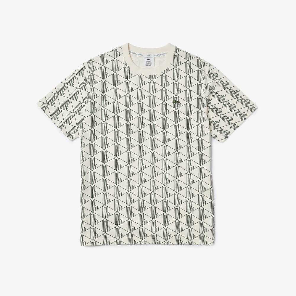 White / Green Lacoste LIVE Monogram Print Cotton T-shirt | VOKAHS-386