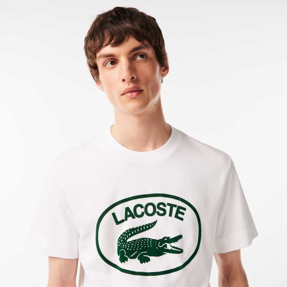 White / Green Lacoste Relaxed Fit Branded Cotton T-Shirt | LSAJTU-021