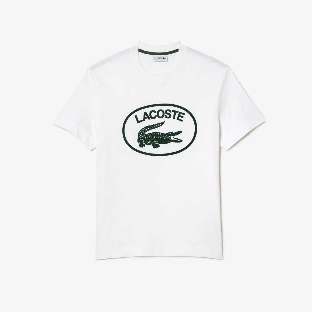 White / Green Lacoste Relaxed Fit Branded Cotton T-Shirt | LSAJTU-021