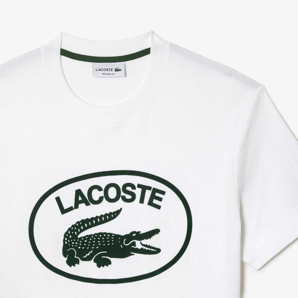 White / Green Lacoste Relaxed Fit Branded Cotton T-Shirt | LSAJTU-021