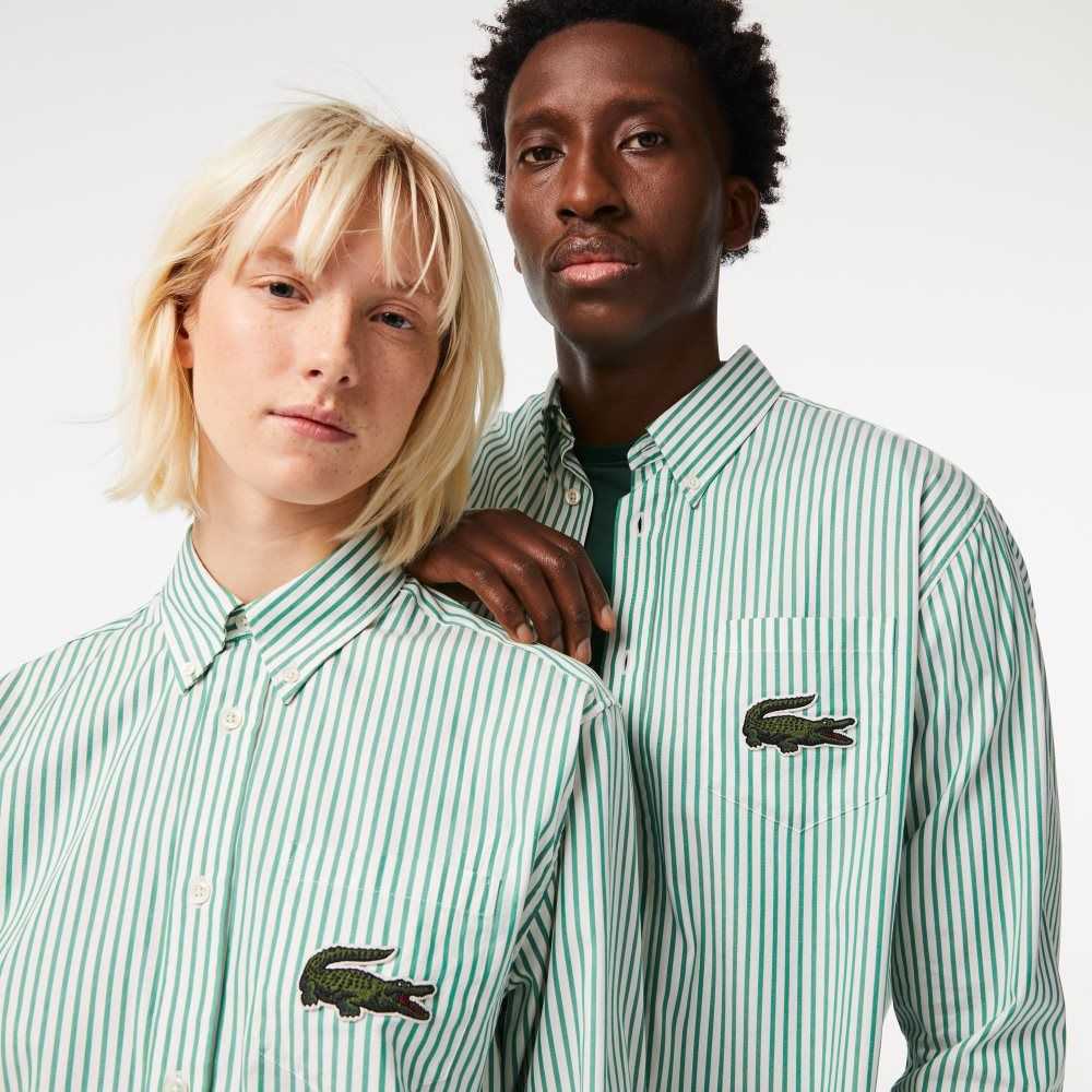 White / Green Lacoste Relaxed Fit Large Crocodile Cotton Shirt | TJPMID-901