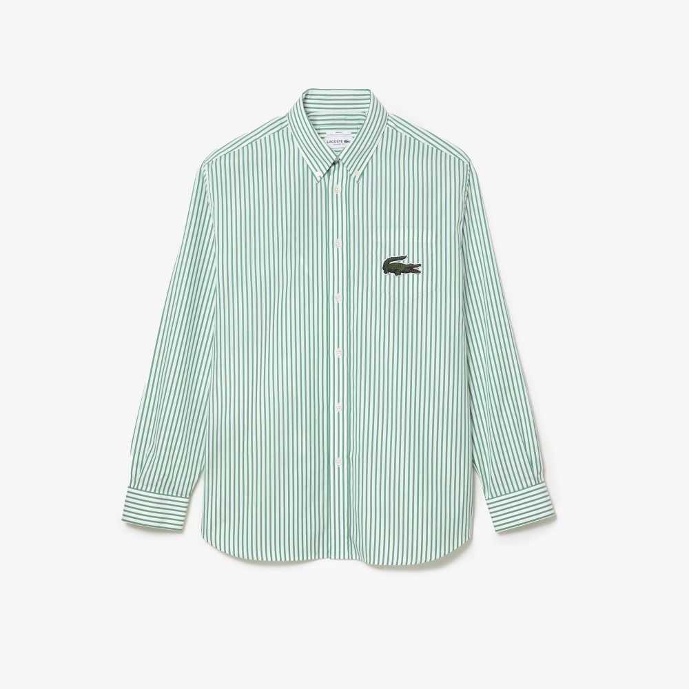 White / Green Lacoste Relaxed Fit Large Crocodile Cotton Shirt | TJPMID-901