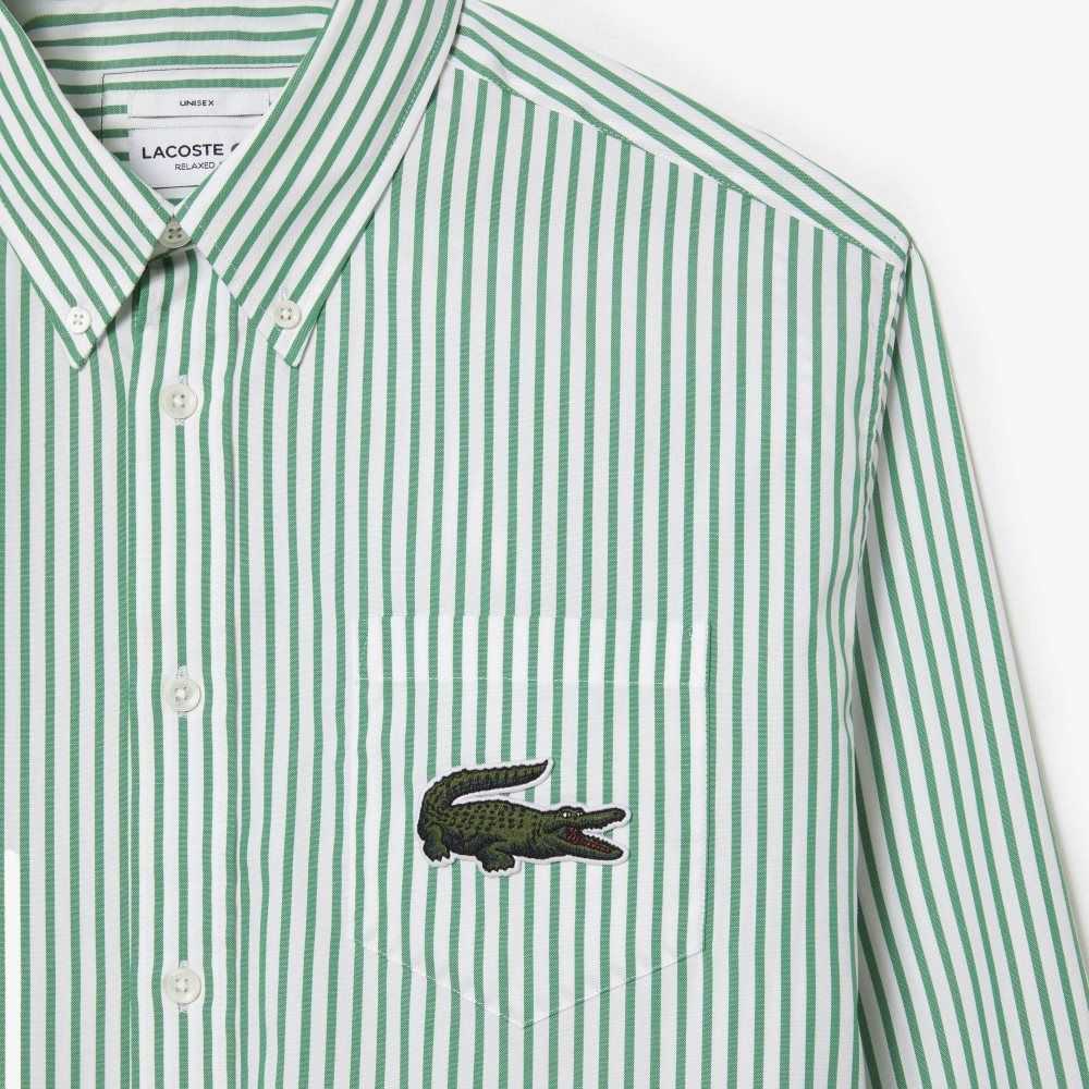 White / Green Lacoste Relaxed Fit Large Crocodile Cotton Shirt | TJPMID-901