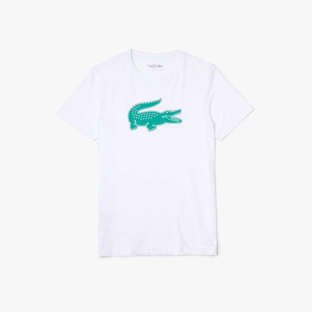 White / Green Lacoste SPORT 3D Print Crocodile Breathable Jersey T-Shirt | KMHFUS-983