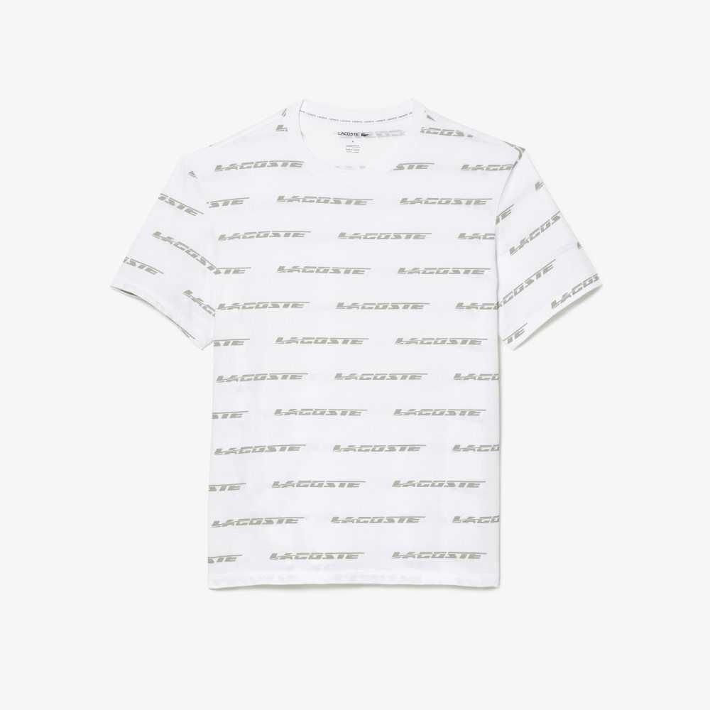 White / Khaki Green Lacoste Cotton Jersey Logo Print T-Shirt | HGPFAV-093