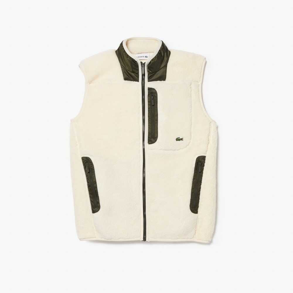 White / Khaki Green Lacoste Sherpa Fleece Vest | OLJMZF-963