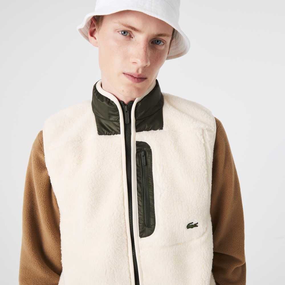 White / Khaki Green Lacoste Sherpa Fleece Vest | OLJMZF-963