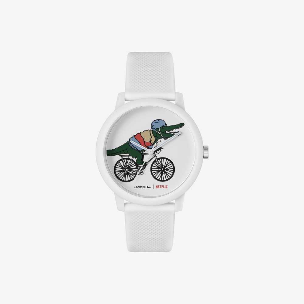 White Lacoste 12.12 x Netflix Sex Education 3 Hands Silicone Watch | XNAHIQ-372