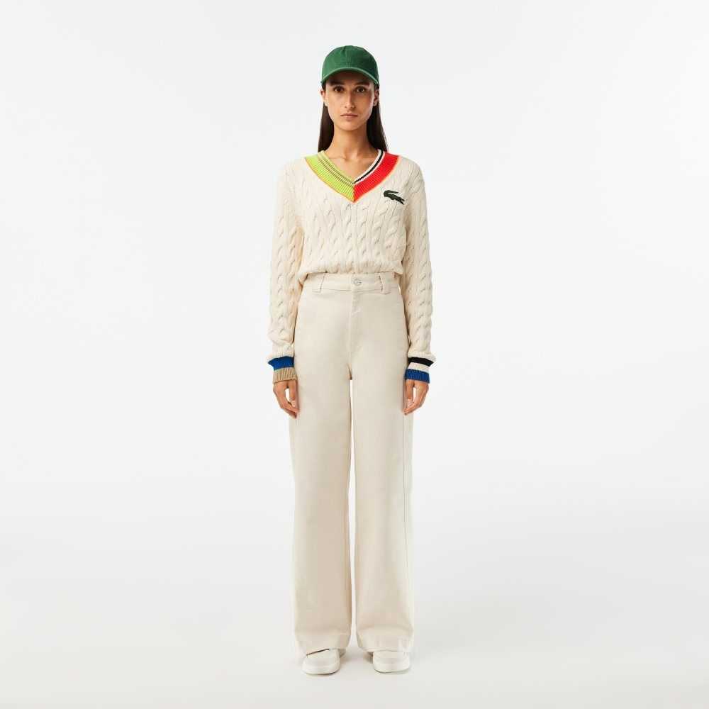 White Lacoste Cable Knit Color Twist V-Neck Sweater | RVUHLO-471