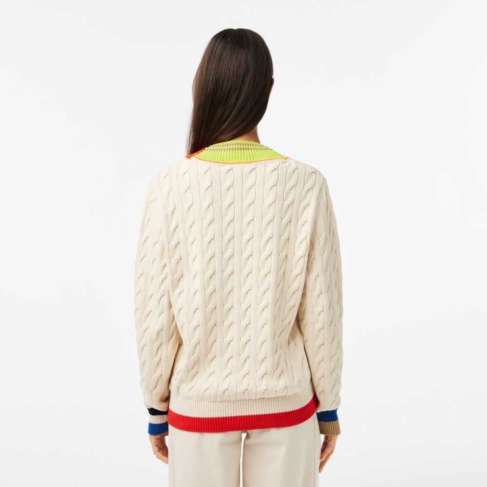 White Lacoste Cable Knit Color Twist V-Neck Sweater | RVUHLO-471