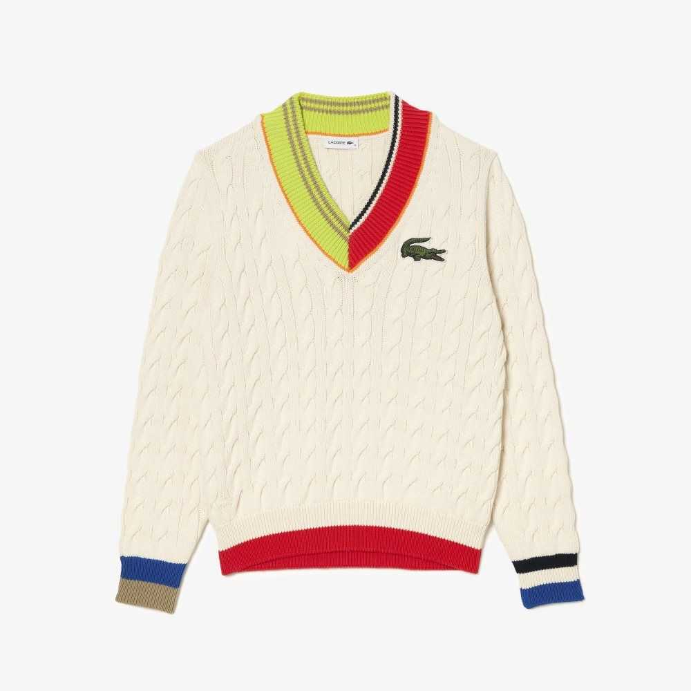 White Lacoste Cable Knit Color Twist V-Neck Sweater | RVUHLO-471