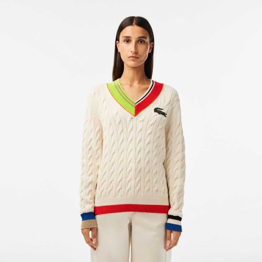 White Lacoste Cable Knit Color Twist V-Neck Sweater | RVUHLO-471