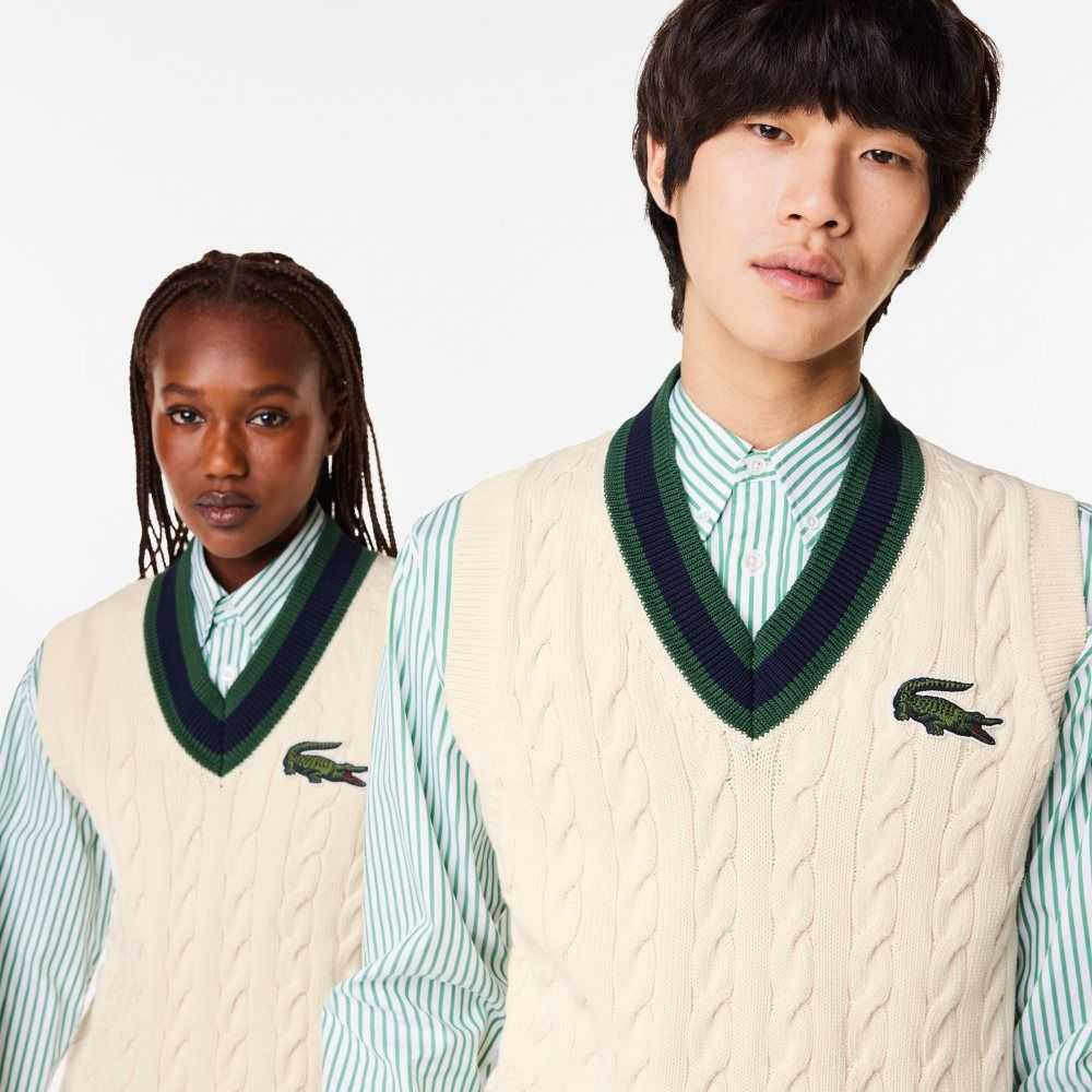 White Lacoste Cable Knit Sweater Vest in Organic Cotton | JQVFWS-076