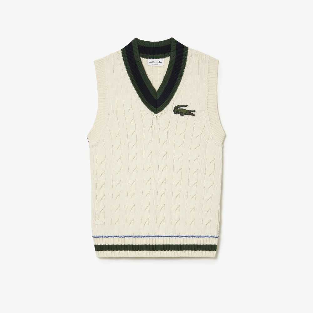 White Lacoste Cable Knit Sweater Vest in Organic Cotton | JQVFWS-076