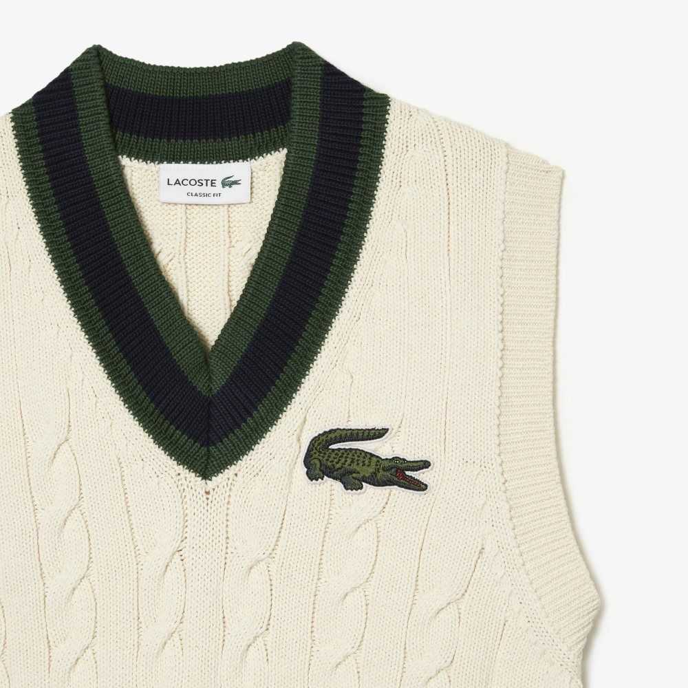 White Lacoste Cable Knit Sweater Vest in Organic Cotton | JQVFWS-076