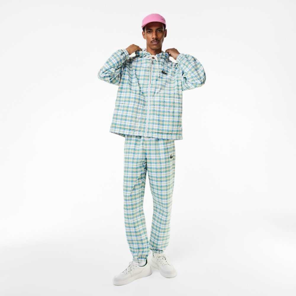 White Lacoste Check Print Track Pants | OTALNK-103