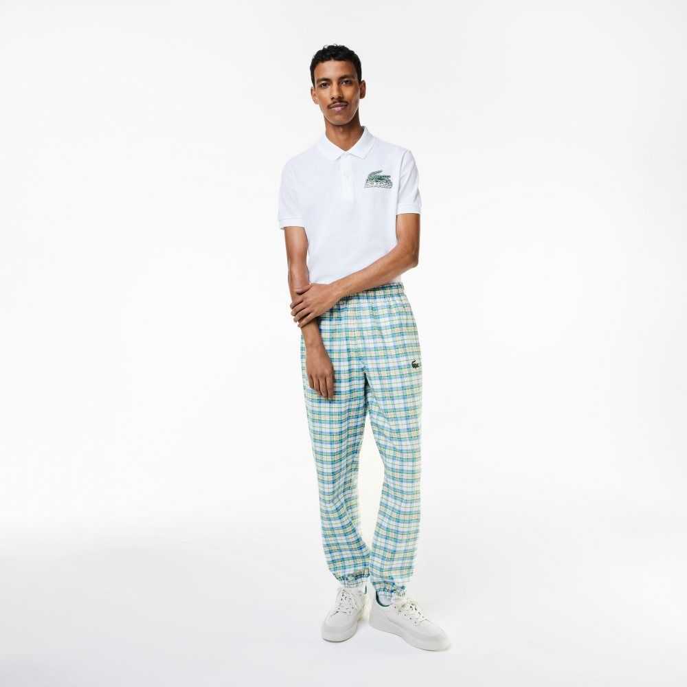 White Lacoste Check Print Track Pants | OTALNK-103