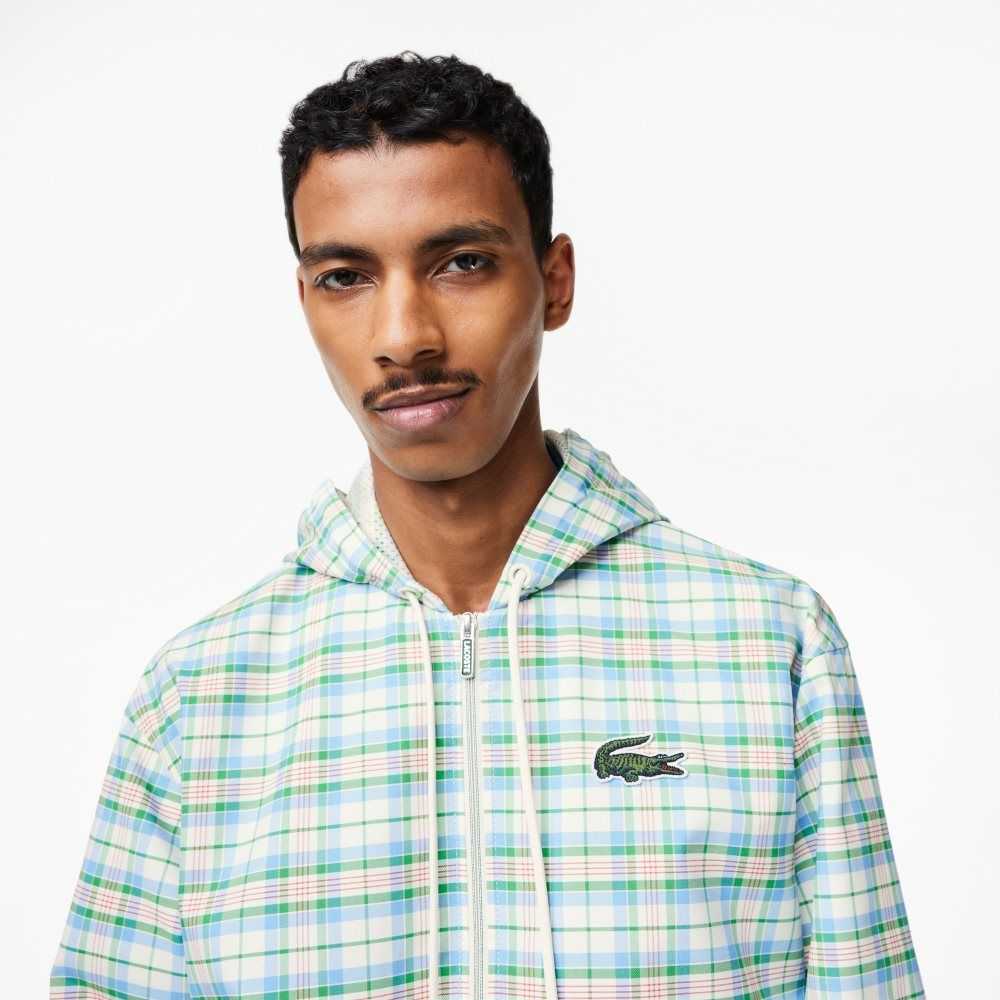 White Lacoste Checked Hooded Track Jacket | SPFNCE-804