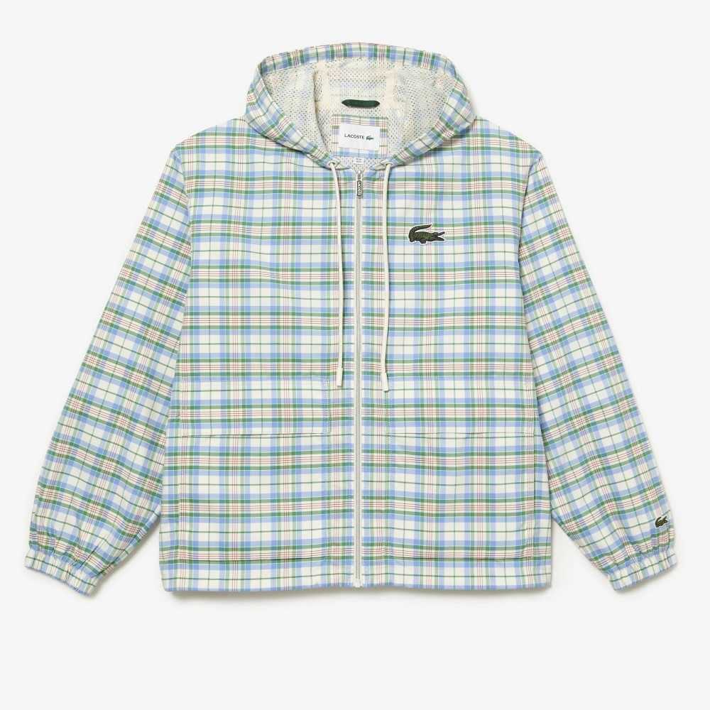 White Lacoste Checked Hooded Track Jacket | SPFNCE-804