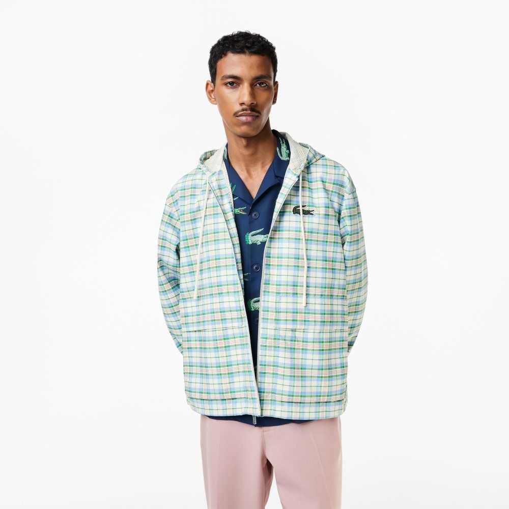 White Lacoste Checked Hooded Track Jacket | SPFNCE-804