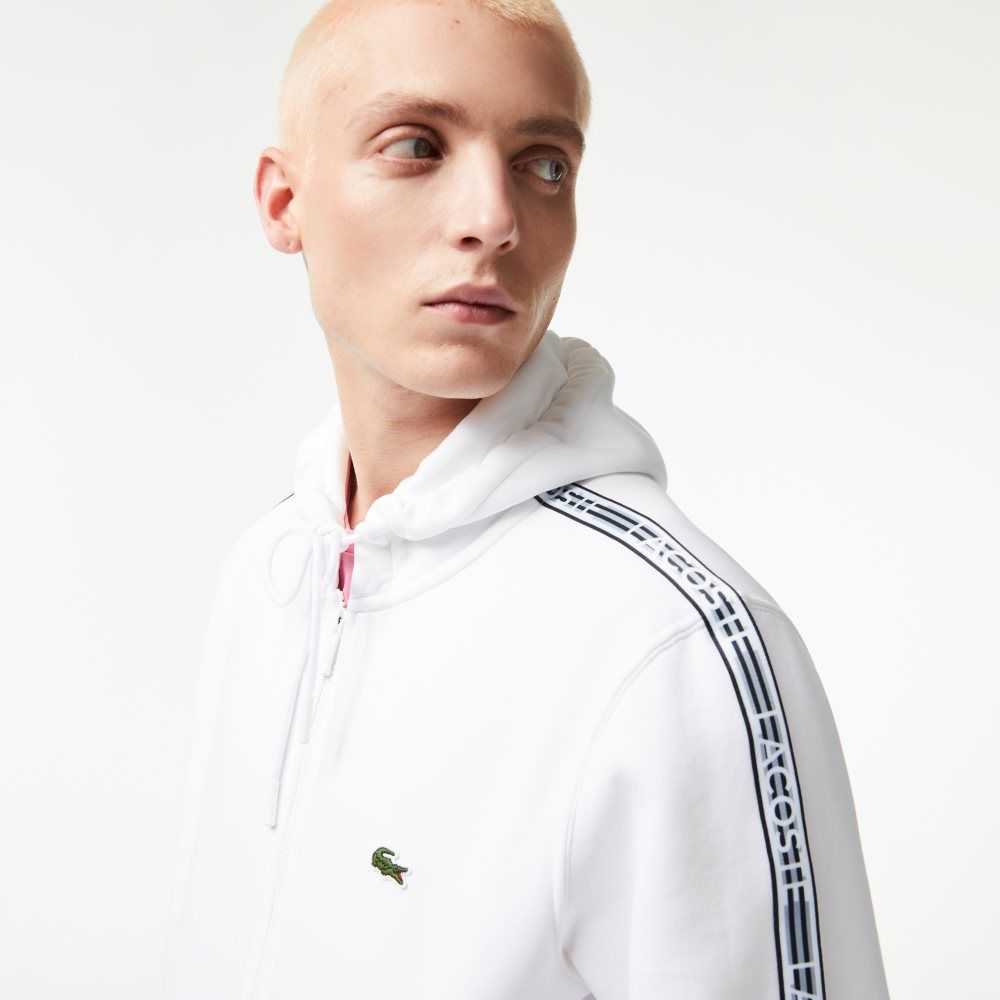 White Lacoste Classic Fit Zipped Hoodie with Brand Stripes | QGWUEH-487